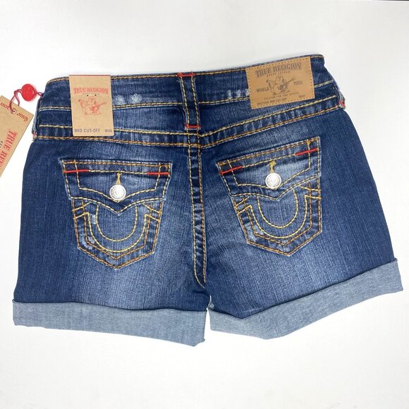 size 26 NEW True Religion mid rise cut off flap pocket OM Big T denim shorts $22 - Picture 1 of 10